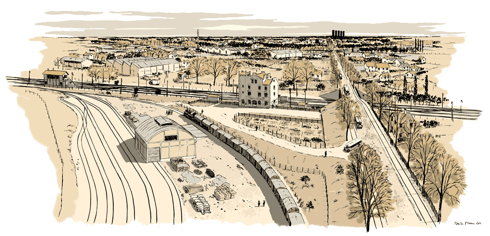 Reconstruction of a view of the site as it was in 1943